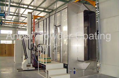 Stainless steel powder booth with auto gun mover